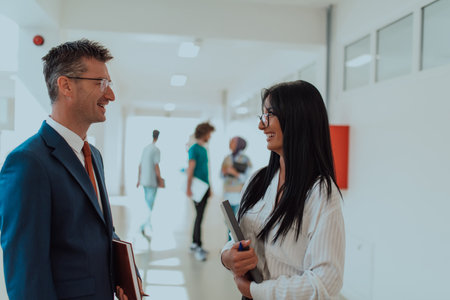 Business colleagues engage in a knowledge-sharing conversation during a coffee break in a modern corporate environment, exemplifying professional collaboration and skill enhancement within a bustling business corporationの写真素材