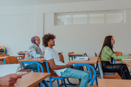A diverse group of students is attentively listening, actively participating, and embracing modern education in a dynamic classroom setting, fostering collaboration and stimulating creativity.の写真素材