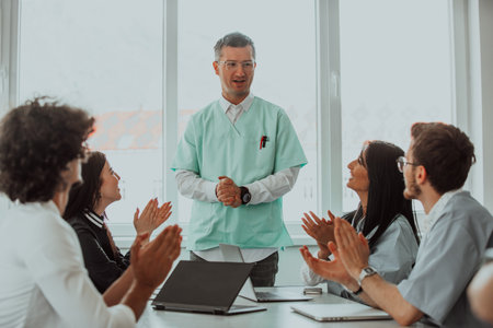 A team of doctors and a medical nurse applauding their colleague after a presentation in a meeting roomの写真素材