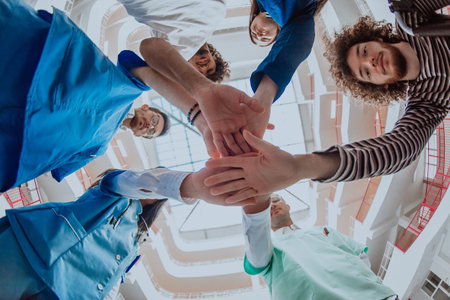 A group of doctors and a medical nurse join their hands together, showcasing the unwavering teamwork and solidarity that drives their collective efforts in the healthcare fieldの写真素材