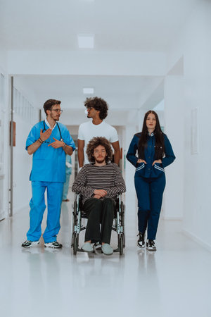 Two doctors and a nurse walking down a hospital hallway, pushing a patient in a wheelchair. The medical professionals providing care and attention to the patientの写真素材