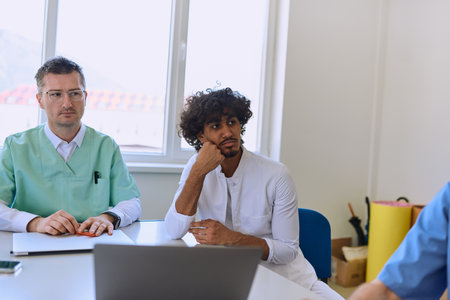 A dedicated group of doctors and medical nurses attentively listens to their colleagues work plan in...