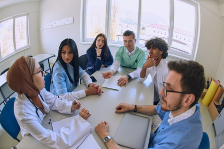 A dedicated group of doctors and medical nurses attentively listens to their colleagues work plan in a healthcare facility, fostering collaboration and ensuring high-quality patient careの写真素材