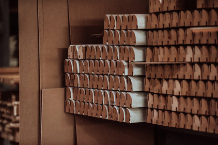 A vast warehouse in the forestry industry, showcasing a plethora of wooden products, including...