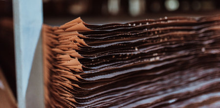 The final wooden and cardboard products are neatly organized within a modern, expansive warehouse, highlighting efficient storage and showcasing the culmination of craftsmanship ready for distribution in the contemporary manufacturing and logistics industryの写真素材