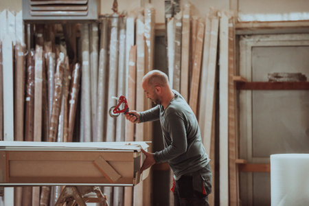 A skilled worker in the woodworking industry is captured engaged in the meticulous packaging of doors, showcasing precision and attention to detail as the products are prepared for global sales and distributionの写真素材