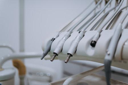 Close-up capture of meticulously arranged dental instruments, showcasing the precision and professionalism essential for thorough dental procedures and precise tooth treatmentsの写真素材