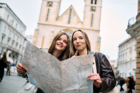 Two female tourists engage in lively discussion, surrounded by their luggage, as they plan their...