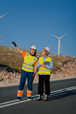 A engineer with a tablet and her colleague inspect wind turbines in a field, demonstrating teamwork...