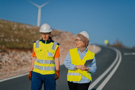 A engineer with a tablet and her colleague inspect wind turbines in a field, demonstrating teamwork...