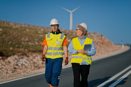 A engineer with a tablet and her colleague inspect wind turbines in a field, demonstrating teamwork...