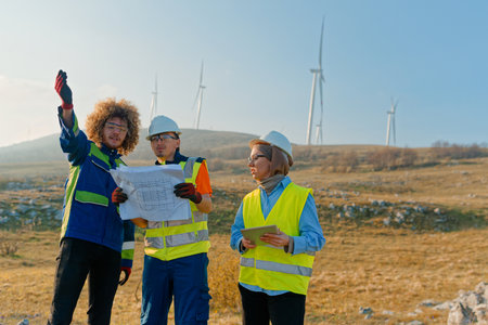 A team of engineers and workers oversees a wind turbine project at a modern wind farm, working...
