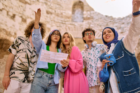 Happy traveling friends tourists sightseeing with map in hand