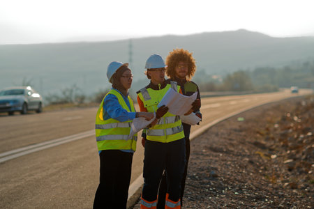 A team of engineers and workers oversees a wind turbine project at a modern wind farm, working...