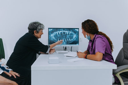 Elderly lady consults with her dentist in a dental office, discussing modern dental prosthetics...