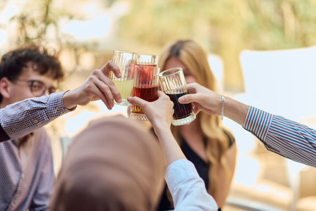 A diverse group of friends sitting together in a cozy setting, smiling and raising their glasses in...