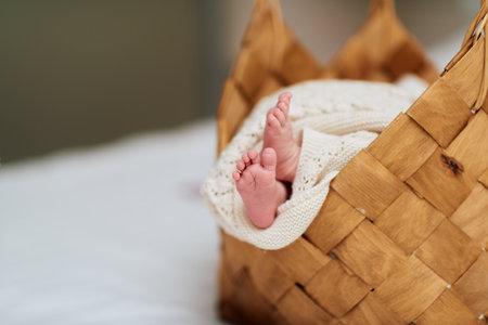A tender close up of a babys tiny feet resting in a woven basket while an adult hand gently holds them, showcasing warmth, love, and care.の写真素材