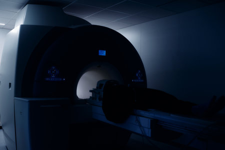 Advanced MRI Imaging of a Patients Head in a Modern Medical Laboratory.Diagnostic Scan in a High Tech Healthcare Facility.Patient Undergoing a Precise Head MRIの写真素材