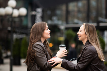 Women Laughing with Coffee Outdoorsの写真素材
