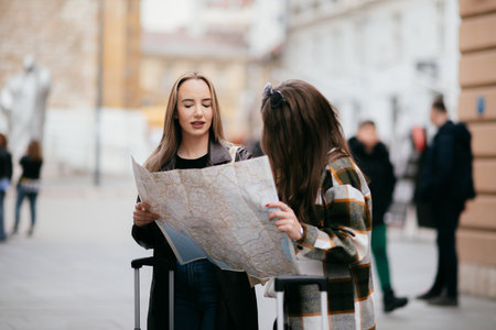 Two female tourists standing with luggage while reading a map and planning their route in the city.の写真素材