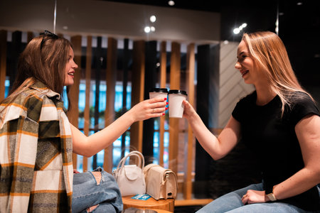 Women Toasting Coffee in Modern Cafeの写真素材