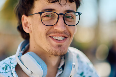 Smiling young man with glasses and headphones in a sunny outdoor setting
