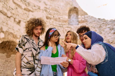 Happy traveling friends tourists sightseeing with map in handの写真素材
