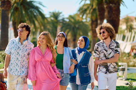 A diverse group of tourists, dressed in summer attire, strolls through the tourist city with wide...