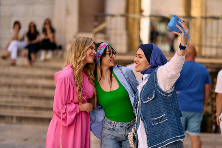 Adventurous Capture: Group of Tourists Exploring Iconic Landmarksの写真素材