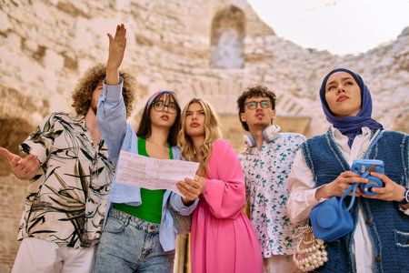 Happy traveling friends tourists sightseeing with map in handの写真素材