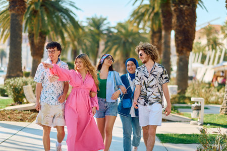 A diverse group of tourists, dressed in summer attire, strolls through the tourist city with wide smiles, enjoying their sightseeing adventureの写真素材