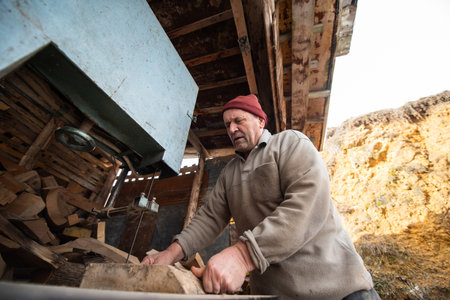 Carpenter Cutting Wood with a Bandsaw in a Rustic Workshopの写真素材