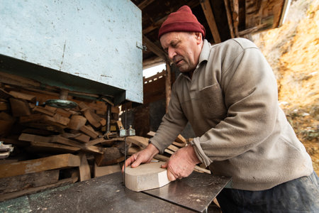 Carpenter Cutting Wood with a Bandsaw in a Rustic Workshop