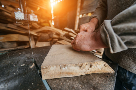 Carpenter Cutting Wood with a Bandsaw in a Rustic Workshopの写真素材