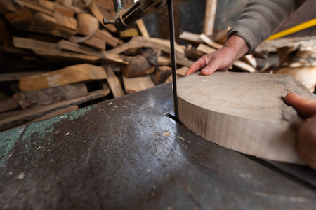 Carpenter Cutting Wood with a Bandsaw in a Rustic Workshop