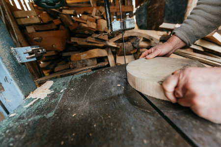 Carpenter Cutting Wood with a Bandsaw in a Rustic Workshop
