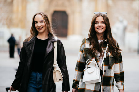 Two stylish young women walking outdoors with suitcases, exploring an urban destination during travel.の写真素材