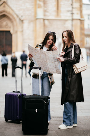 Two female tourists standing with luggage while reading a map and planning their route in the city.の写真素材