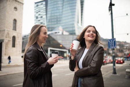 Two Business Women Drinking Coffee on City Streetの写真素材