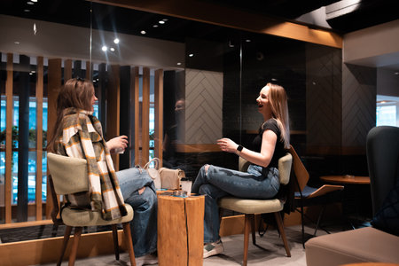 Two women chatting and laughing in modern cafe