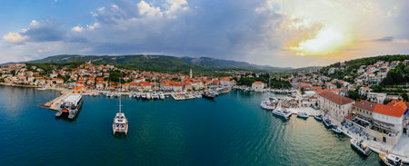 Wide Aerial Panorama of Hvar at Sunsetの写真素材
