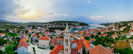 Historic Bell Tower and Hvar Panoramaの写真素材