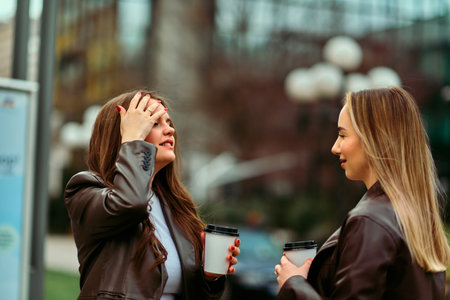 Two businesswomen enjoying a coffee break outside their office.