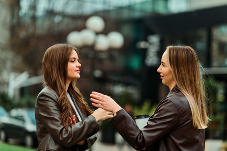 Two businesswomen enjoying a coffee break outside their office.の写真素材