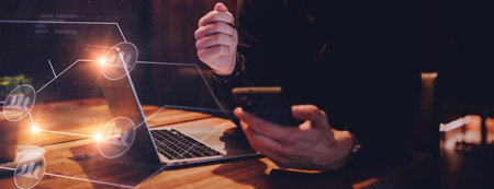 Big data management, digital technology, software development concept. Computer programmer, software engineer programming on laptop, data processing with computer code, technology backgroundの写真素材