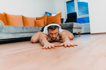 Focused young man stretching on floor with headphones during workout at home, fitness and wellness...