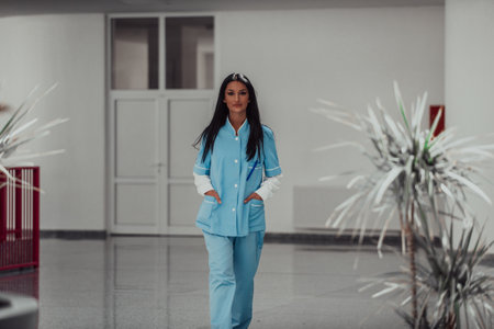 A nurse in a blue uniform standing in the corridor of a modern hospitalの写真素材