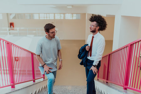 Businessman in suit with red tie talking to casual colleague holding laptopの写真素材