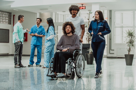 In a modern hospital, a nurse and a technician compassionately transport a patient with disability while doctors conduct a discussion in a busy corridor, demonstrating teamwork and dedication in healthcare.の写真素材