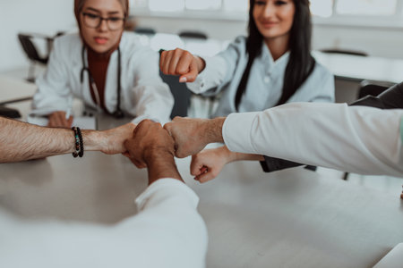A group of doctors and a medical nurse join their hands together on a table, showcasing the...